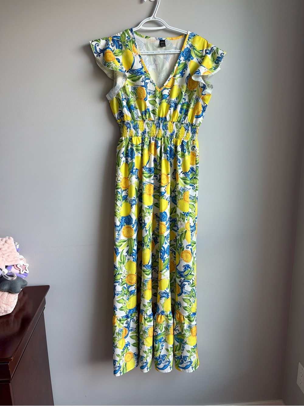 SHEIN Yellow Blue Lemon-Print Flutter Sleeve Maxi Dress